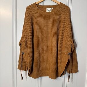 Cotton & Rye Texana Concho Brown Round Hem Crew Neck western Fringe sweater‎ XXL